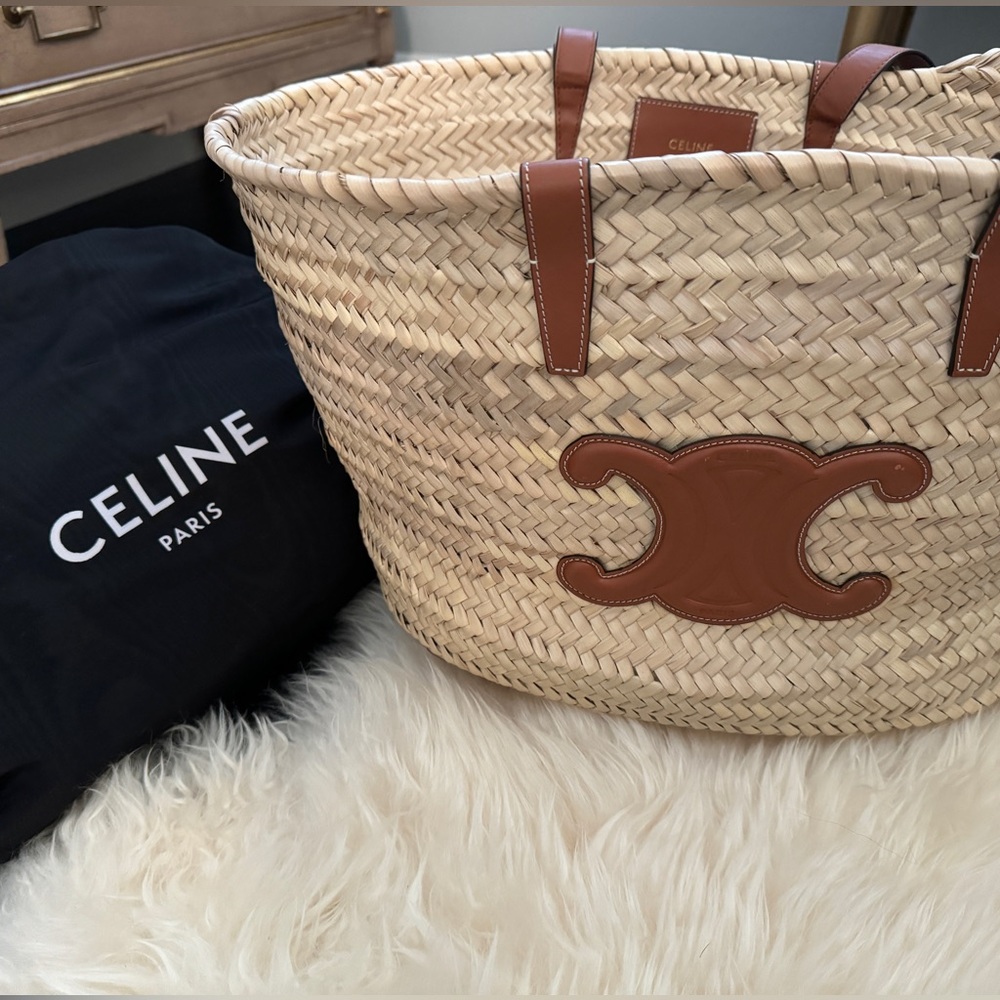 Celine Triomphe Basket Shoulder Bag Raffia with Leather Large